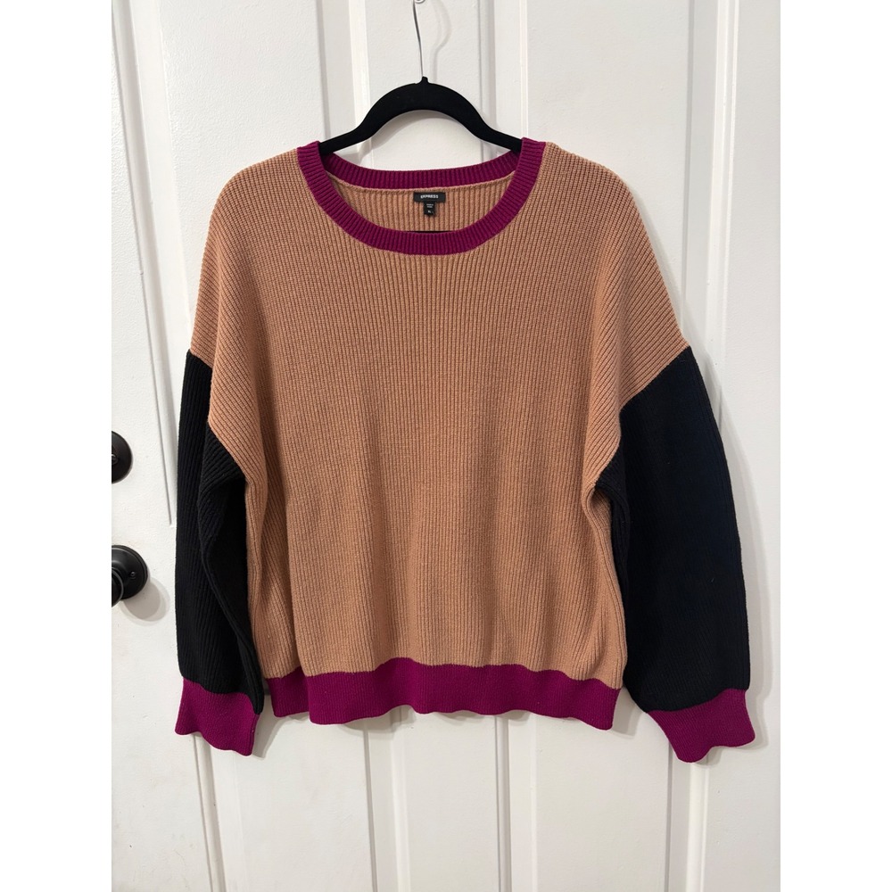 Express | Colorblock Ribbed Knit Crewneck Sweater | XL || Tan Black Magenta|